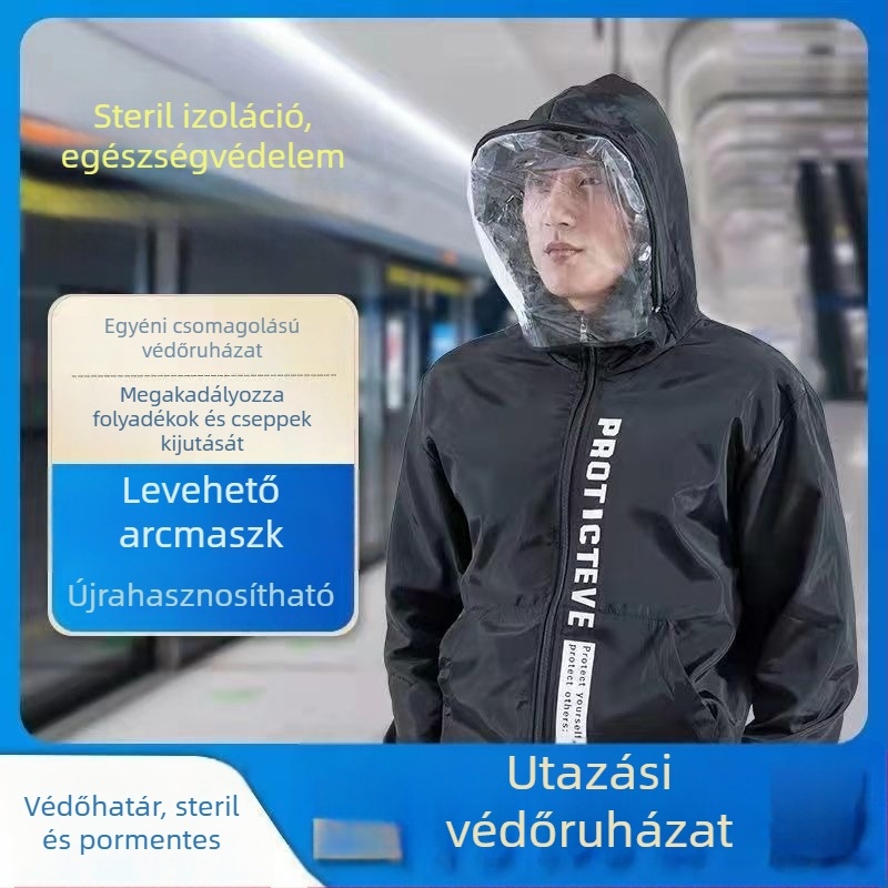 Polgári védelmi védőruha, védelem a cseppekkel szemben, osztott kivitelű izolációs ruha, vízálló esőkabát leválasztható védőmaszkkal, poliészter