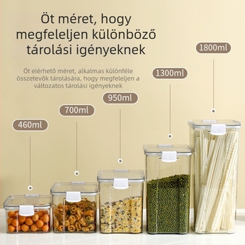 Zárható, átlátszó műanyag tárolóedény, élelmiszer-minőségű, négyszögletes, 1-2 L kapacitás, száraz termékek és tea tárolására