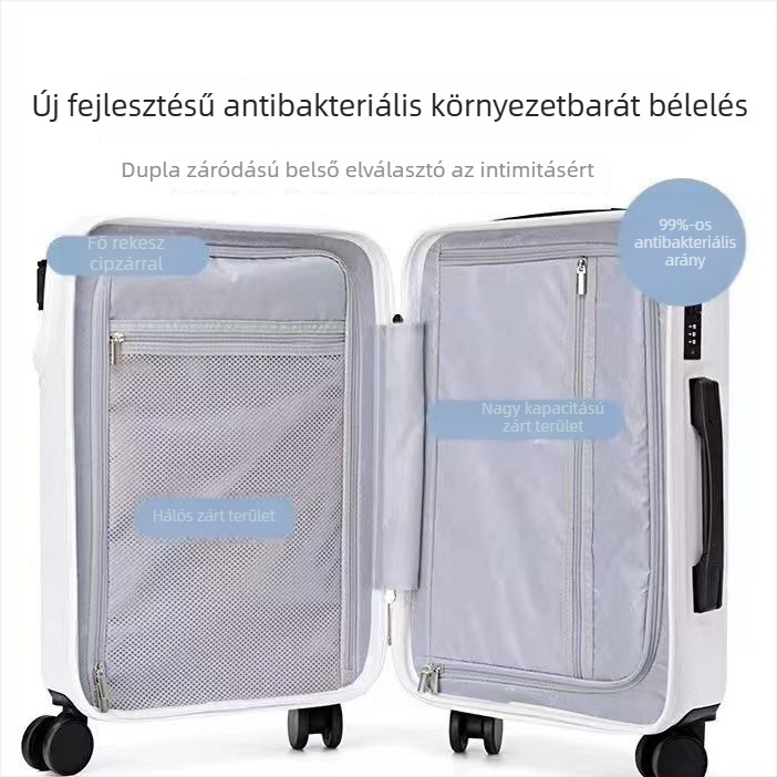 Elöl nyíló USB poggyász, ABS+PC anyag, univerzális kerekek, jelszavas zár
