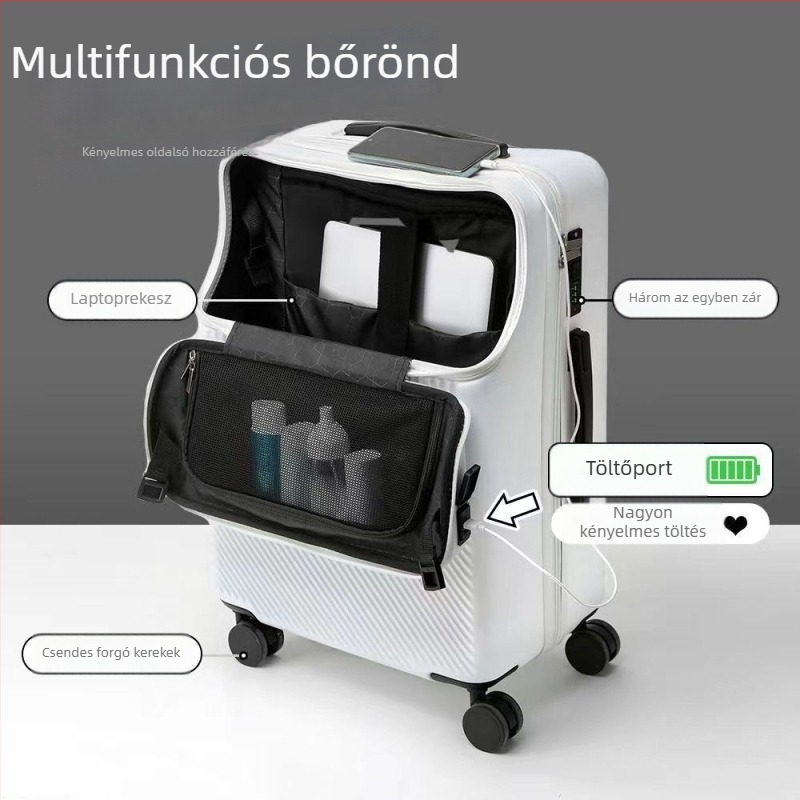 Elöl nyíló USB poggyász, ABS+PC anyag, univerzális kerekek, jelszavas zár
