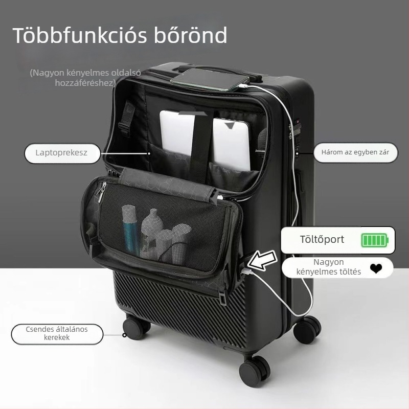 Elöl nyíló USB poggyász, ABS+PC anyag, univerzális kerekek, jelszavas zár