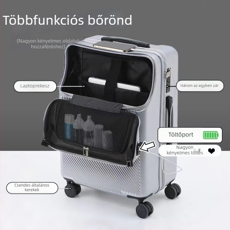 Elöl nyíló USB poggyász, ABS+PC anyag, univerzális kerekek, jelszavas zár