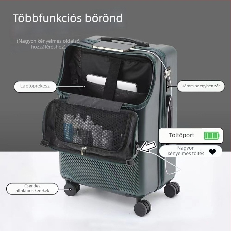 Elöl nyíló USB poggyász, ABS+PC anyag, univerzális kerekek, jelszavas zár