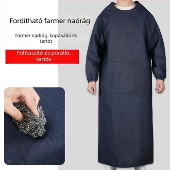 Denim munkás smock kötény hosszú ujjú, meghosszabbított kivitel, szennyeződés- és kopásálló, vastagabb munkaruha műhelyekhez és raktárakhoz, 800 g