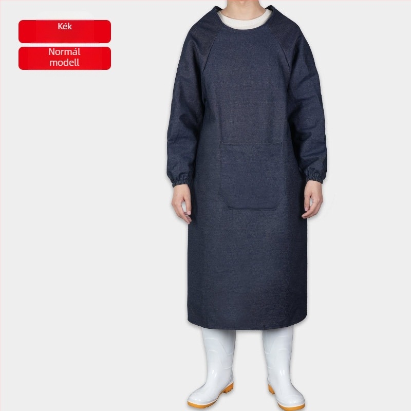 Denim munkás smock kötény hosszú ujjú, meghosszabbított kivitel, szennyeződés- és kopásálló, vastagabb munkaruha műhelyekhez és raktárakhoz, 800 g