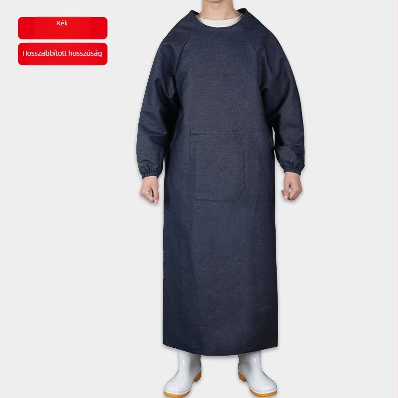 Denim munkás smock kötény hosszú ujjú, meghosszabbított kivitel, szennyeződés- és kopásálló, vastagabb munkaruha műhelyekhez és raktárakhoz, 800 g