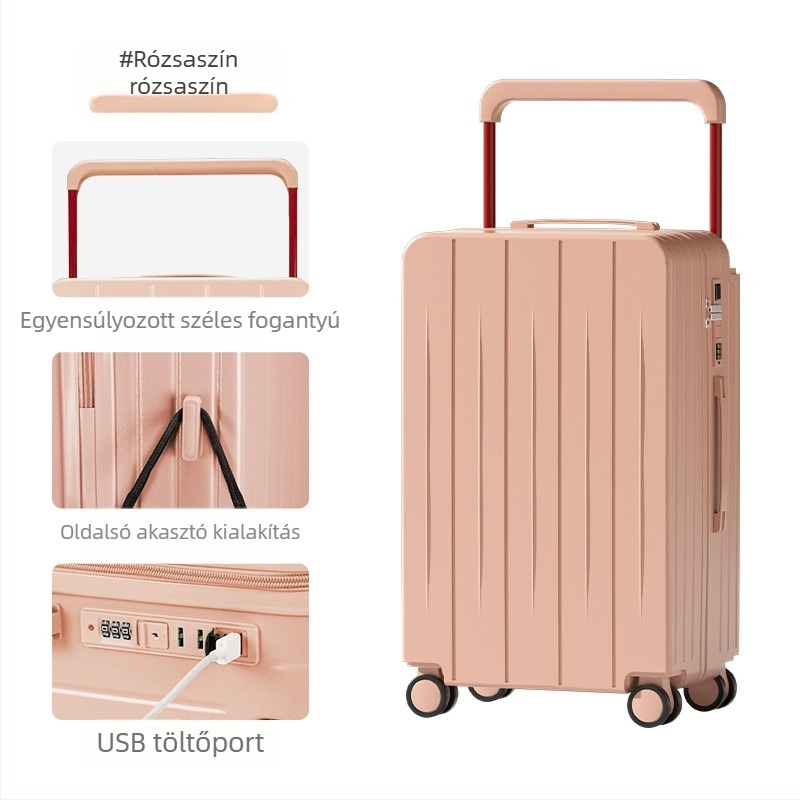 Nagy kapacitású utazótáska, multifunkcionális dizájn, USB-port, zipzár, kombinációs zár, ABS+PC, uniszex, 2025-ös modell, 360 fokos kerekek.