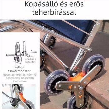 Összecsukható hordozható bevásárlókocsi négy kerékkel, alumínium ötvözetből, lépcsőfeljutó funkcióval