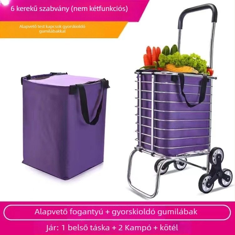 Összecsukható hordozható bevásárlókocsi négy kerékkel, alumínium ötvözetből, lépcsőfeljutó funkcióval