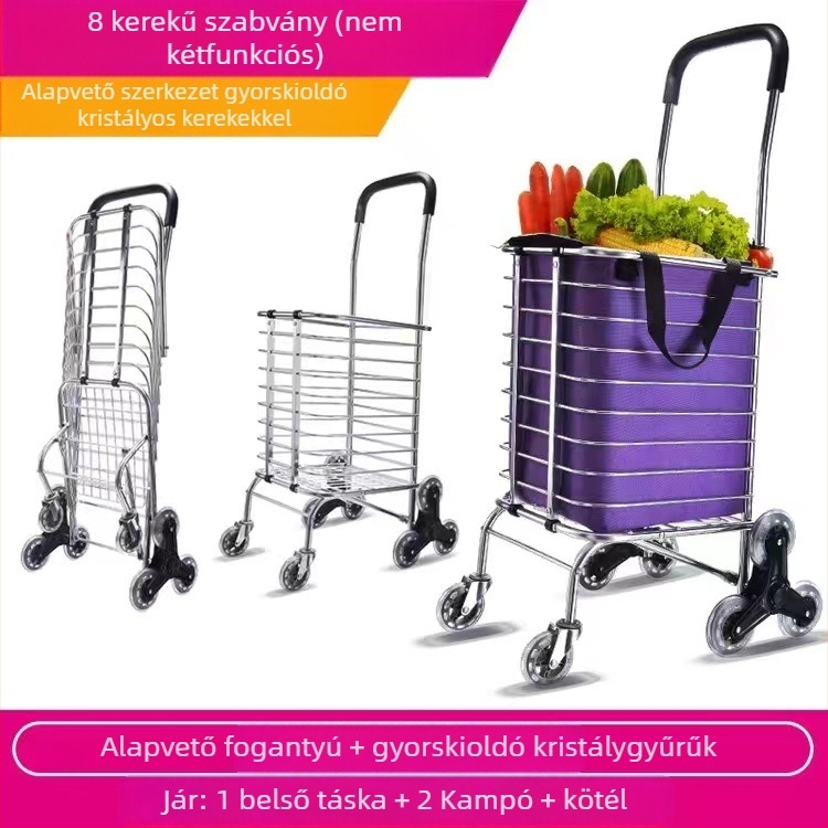 Összecsukható hordozható bevásárlókocsi négy kerékkel, alumínium ötvözetből, lépcsőfeljutó funkcióval