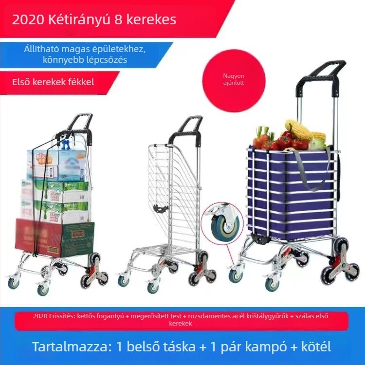 Összecsukható hordozható bevásárlókocsi négy kerékkel, alumínium ötvözetből, lépcsőfeljutó funkcióval