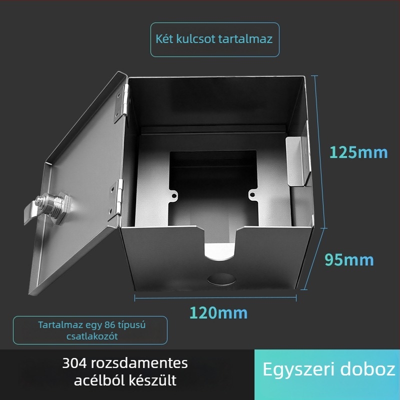 Szabadban használható 86-os típusú zárható rozsdamentes acél vízálló töltésvédő doboz, felületre szerelve (IP45, 10A, 120×125×95 mm)