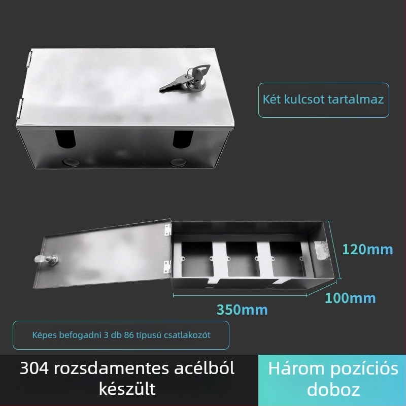 Szabadban használható 86-os típusú zárható rozsdamentes acél vízálló töltésvédő doboz, felületre szerelve (IP45, 10A, 120×125×95 mm)