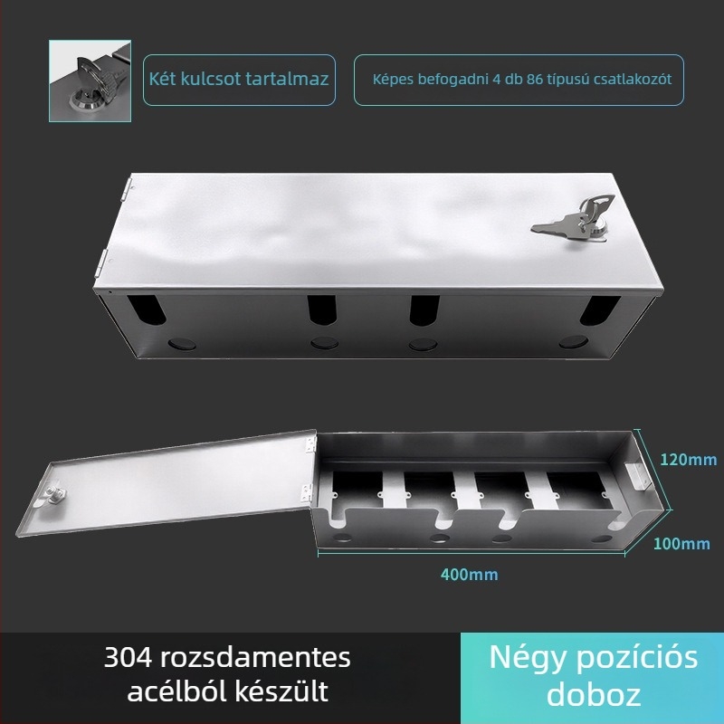 Szabadban használható 86-os típusú zárható rozsdamentes acél vízálló töltésvédő doboz, felületre szerelve (IP45, 10A, 120×125×95 mm)