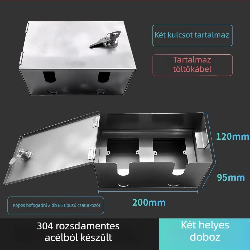 Szabadban használható 86-os típusú zárható rozsdamentes acél vízálló töltésvédő doboz, felületre szerelve (IP45, 10A, 120×125×95 mm)