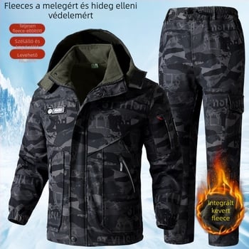 Fleeceszínnel bélelt téli munkaruházat, camouflage dzseki és nadrág, vízálló és szélálló