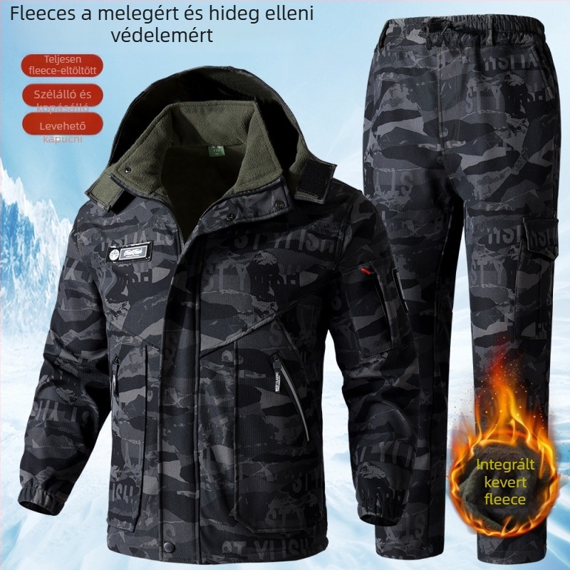Fleeceszínnel bélelt téli munkaruházat, camouflage dzseki és nadrág, vízálló és szélálló