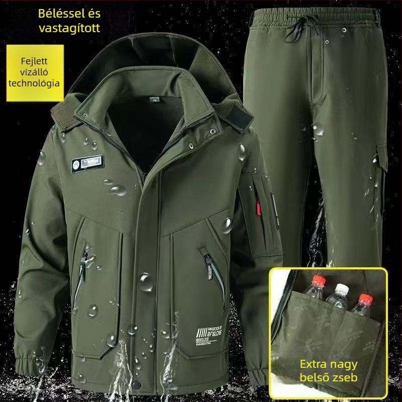 Fleeceszínnel bélelt téli munkaruházat, camouflage dzseki és nadrág, vízálló és szélálló