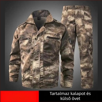 Kamuflááz munkaruha szett kültéri használatra, kopásálló, nedvességelvezető, pamut-poliészter keverék, 90% poliészter, tavasz–ősz, gyári műhelyben használható