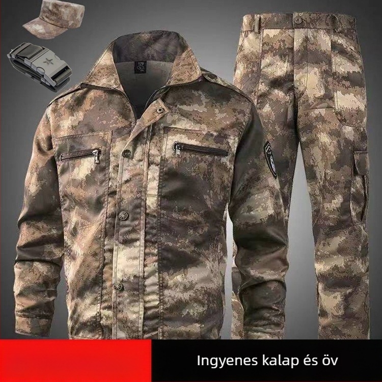 Kamuflááz munkaruha szett kültéri használatra, kopásálló, nedvességelvezető, pamut-poliészter keverék, 90% poliészter, tavasz–ősz, gyári műhelyben használható