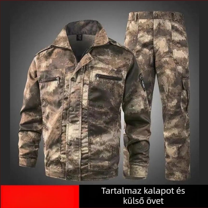 Kamuflááz munkaruha szett kültéri használatra, kopásálló, nedvességelvezető, pamut-poliészter keverék, 90% poliészter, tavasz–ősz, gyári műhelyben használható