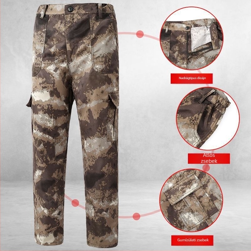 Kamuflááz munkaruha szett kültéri használatra, kopásálló, nedvességelvezető, pamut-poliészter keverék, 90% poliészter, tavasz–ősz, gyári műhelyben használható