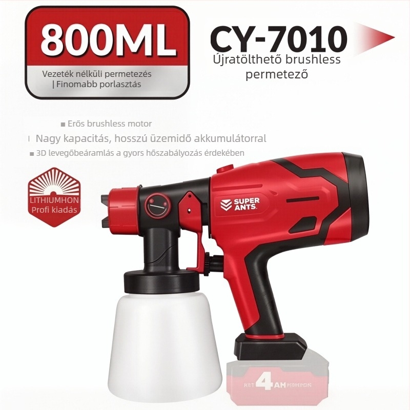 Otthoni használatra szánt elektromos festékszóró pisztoly, nagy atomizációval, minden-az-egyben festékszóró készülék (újratölthető lítium akkumulátor, Névleges feszültség: 21, Maximális kimeneti nyomás: 1, Alkalmazási tartomány: fal/festés, fa/metál, Megfe