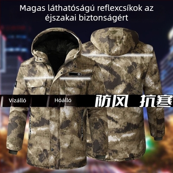 Férfi kamuflált kapucnis téli vastag kabát, vízálló és szélálló, elöl cipzár, középhosszú