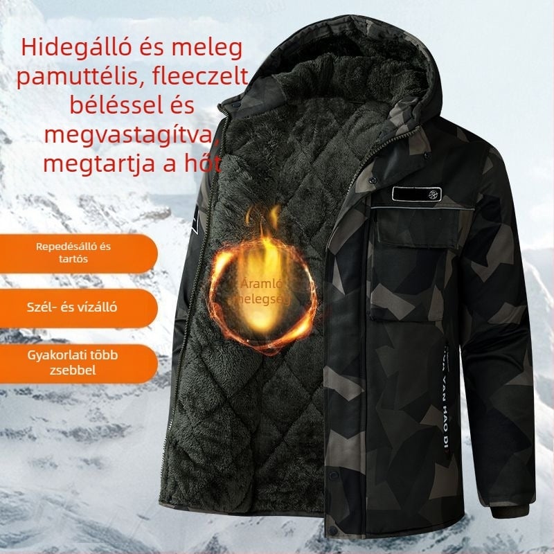 Férfi kamuflált kapucnis téli vastag kabát, vízálló és szélálló, elöl cipzár, középhosszú