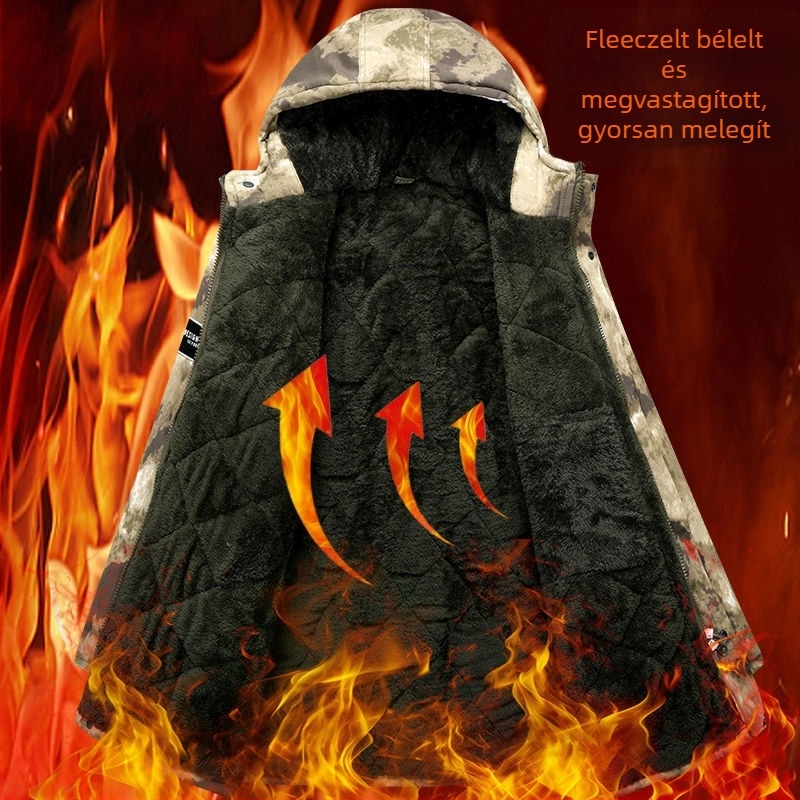 Férfi kamuflált kapucnis téli vastag kabát, vízálló és szélálló, elöl cipzár, középhosszú