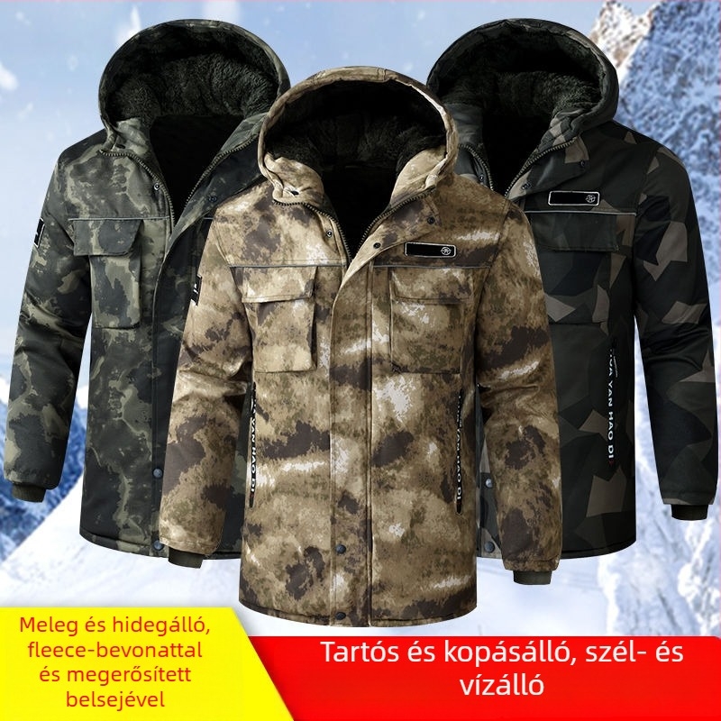 Férfi kamuflált kapucnis téli vastag kabát, vízálló és szélálló, elöl cipzár, középhosszú