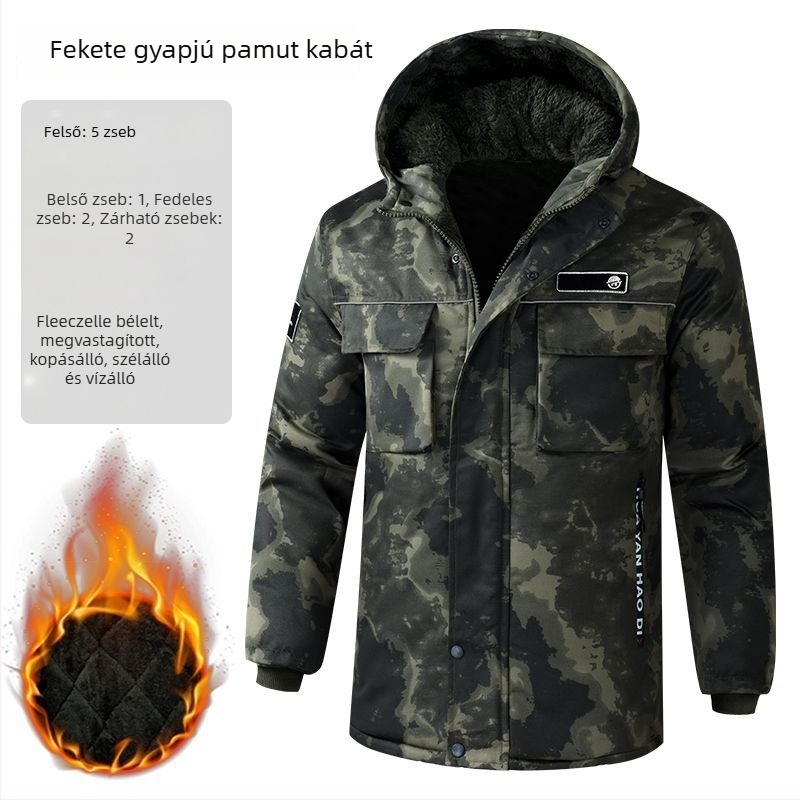 Férfi kamuflált kapucnis téli vastag kabát, vízálló és szélálló, elöl cipzár, középhosszú