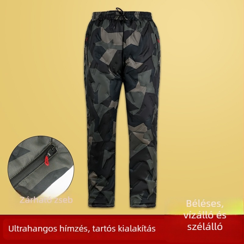 Férfi kamuflált kapucnis téli vastag kabát, vízálló és szélálló, elöl cipzár, középhosszú