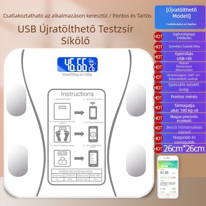 Kompakt testzsírmérleg intelligens precízióval, otthoni használatra, Bluetooth