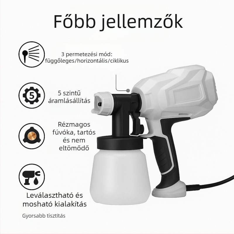 Elektromos festékszóró pisztoly, erős teljesítmény, állítható permetezési áramlás, alkalmas beltéri és kültéri falakra, autókra, fára és tetőkre