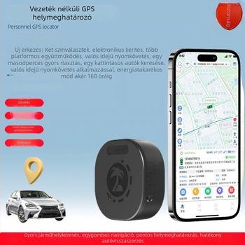 Beidou-kompatibil GPS valós idejű nyomkövető — 5 m pontosság, 128 MB memória, méretek 39×39×14,5 mm, 480 mAh polimer akkumulátor, riasztások: rezgés, áramkimaradás, mobil értesítés, geofence, túl gyorsítás, térképek: Amap/Baidu/Google