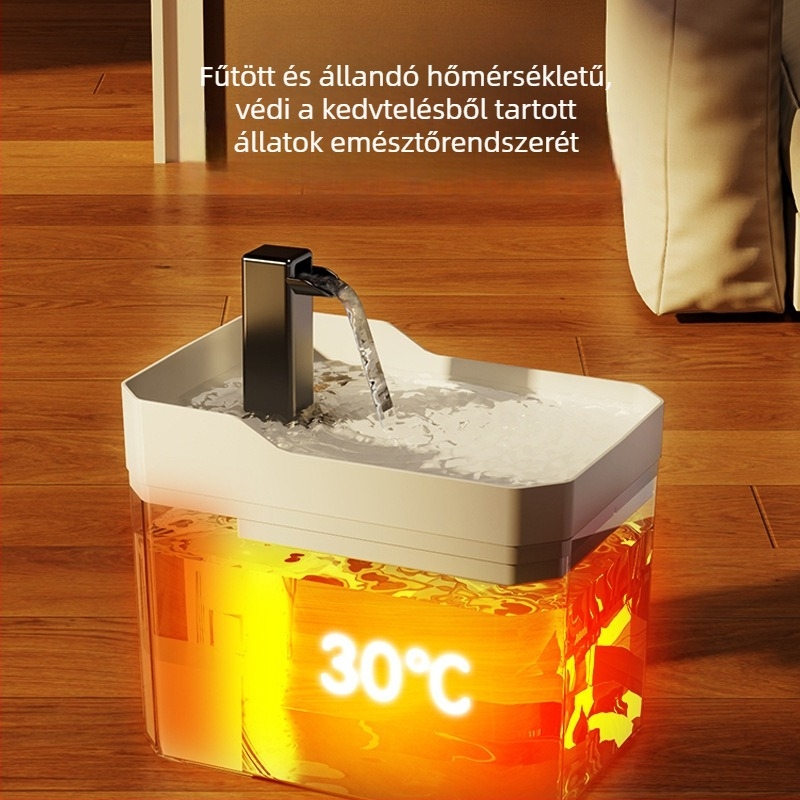Macska vízadagoló hőmérséklet-szabályozással, automata itatótál, vezetékes táplálás, keringő vízáram