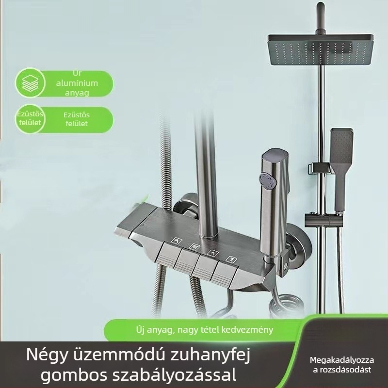 Űr-alumíniumból készült zuhanykészlet, fegyverszürke színben, repülőgép-hordozó ihletésű zongora-billentyű dizájn, falra szerelhető, modern minimalista stílus