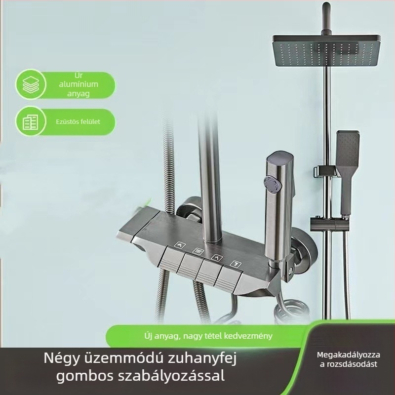 Űr-alumíniumból készült zuhanykészlet, fegyverszürke színben, repülőgép-hordozó ihletésű zongora-billentyű dizájn, falra szerelhető, modern minimalista stílus