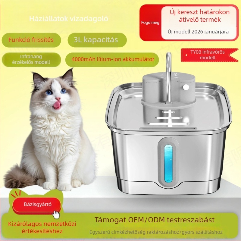 Háziállatok számára vízadagoló, 3 L kapacitású, infravörös szenzorral, intelligens vízáramlással, macskáknak és kutyáknak.