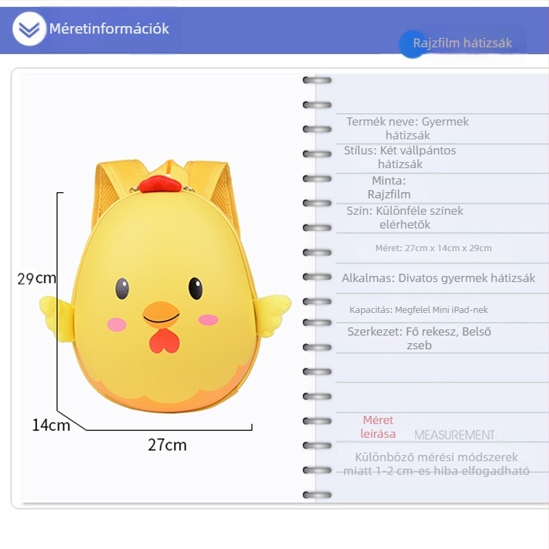 Gyerek hátizsák állatmintával, PU anyag, légpárnás vállpántok, légáteresztő és ultra könnyű
