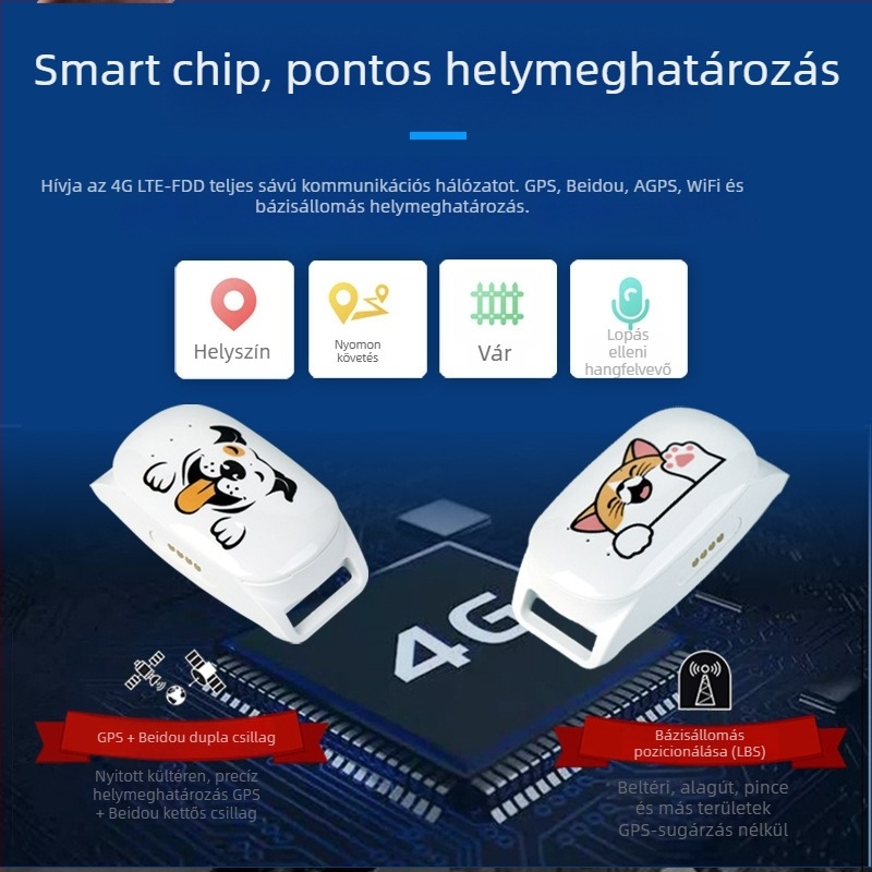4G-s állatlokátor nyakörv, Android/iOS kompatibilis, 500 mAh akkumulátor, tömeg 30 g, méretek 31×61×16 mm