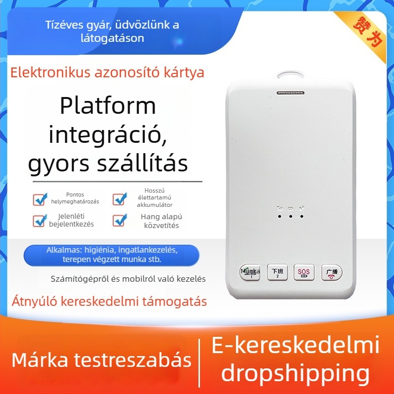 Okos elektronikus munkajegy GPS/Beidou helymeghatározóval, modell T808, GPS pontosság 5–15 m, riasztások: SOS, mobil és kerítés, méretek 101×60×11 mm, akkumulátor 1500 mAh
