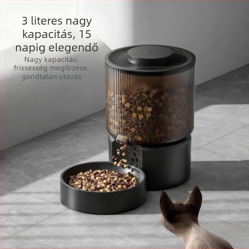 Okos háziállat-etető, 3L nagy kapacitás, távoli irányítás mobilról, macskák és kutyák számára, időzített és porciózott etetés.