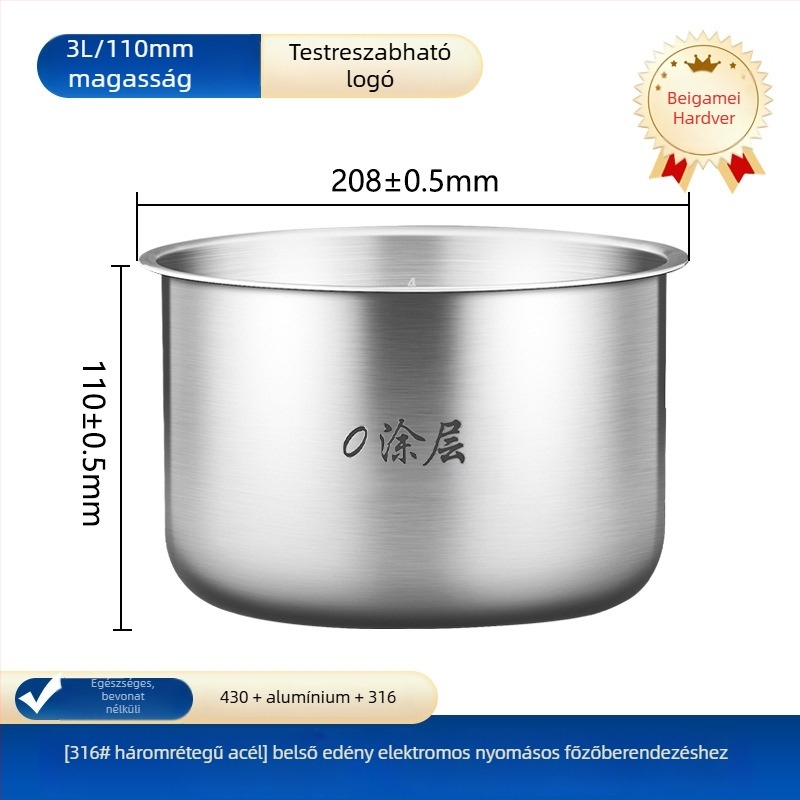 Joyoung rizsfőző belső liner, kompatibil 2–6 L, 304/316 rozsdamentes acél, bevonat nélküli, fűtéshez való kiegészítő, Modell Cysb 50 fcw 20 qt-100