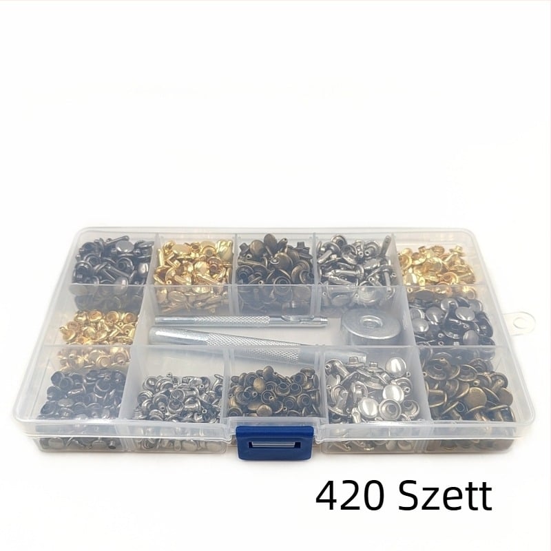 480 darabos fémdíszítő szegecs készlet bőrhöz – kerek, sík, kétoldalas szegecs, patentzár ruházathoz