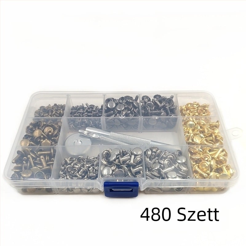 480 darabos fémdíszítő szegecs készlet bőrhöz – kerek, sík, kétoldalas szegecs, patentzár ruházathoz