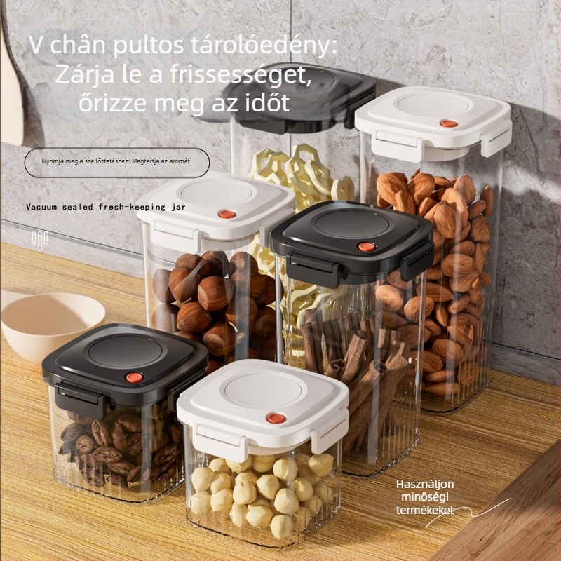 Vákuumzáras négyzetes tárolóedény nyomógombos fedéllel, 800–1000 ml, száraz mandarinhéjjal, gyógyhatású növényekkel és kávébabokkal, élelmiszer-minőségű frissesség