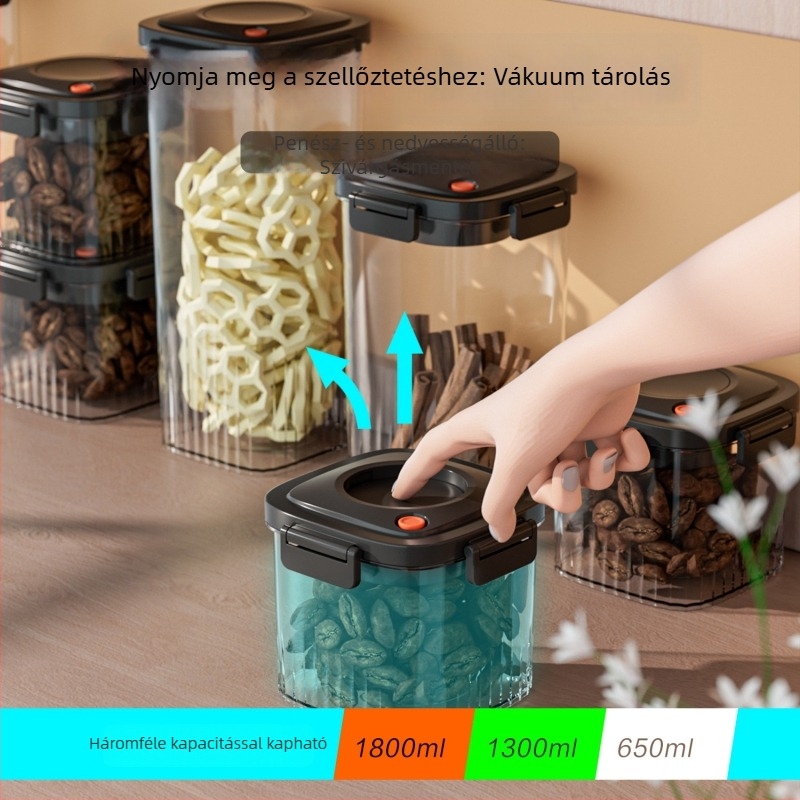 Vákuumzáras négyzetes tárolóedény nyomógombos fedéllel, 800–1000 ml, száraz mandarinhéjjal, gyógyhatású növényekkel és kávébabokkal, élelmiszer-minőségű frissesség