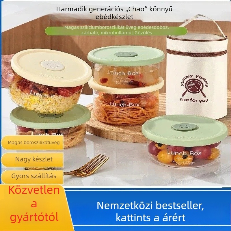 Üveg ebédes doboz, boroszilikát üveg, mikrohullámú sütőben használható, kerek alak, frissesség megőrzése, kapacitás 301–800 ml